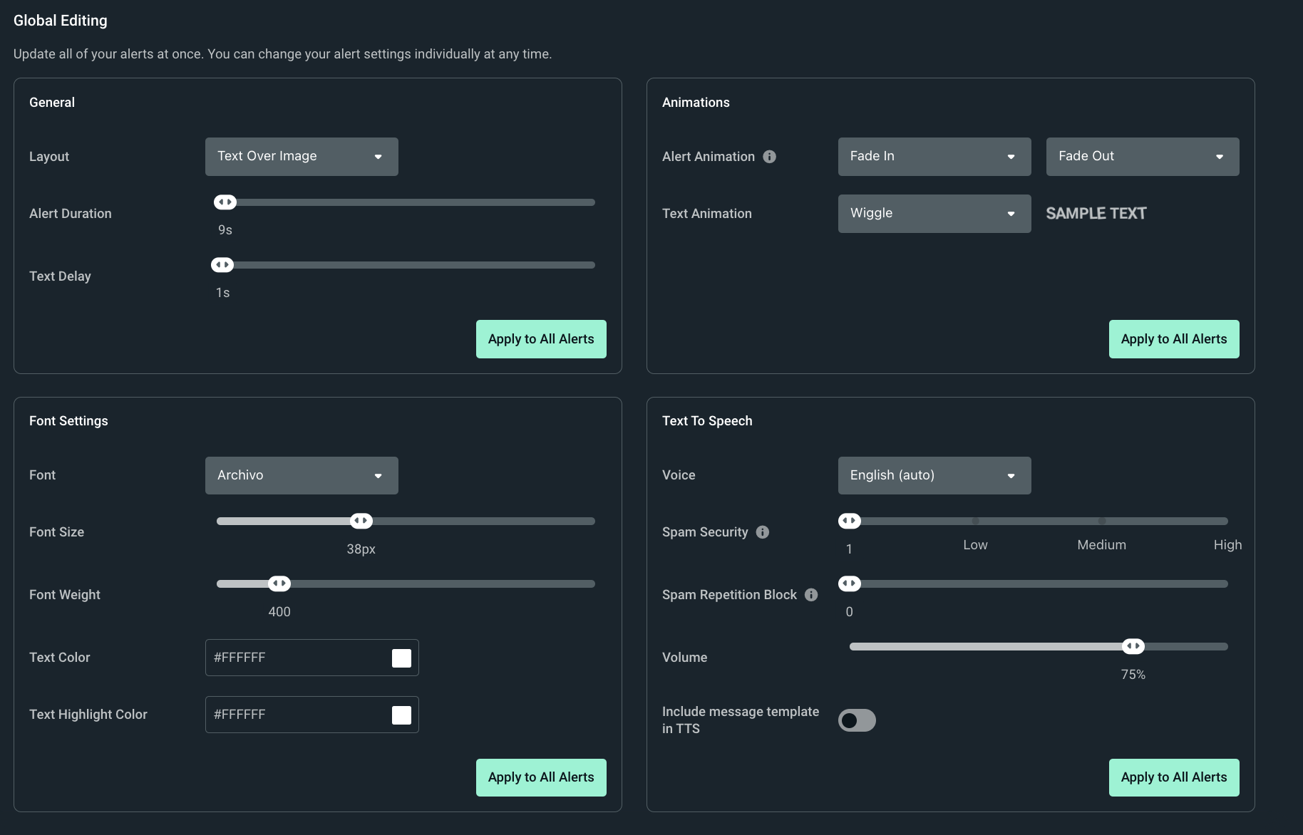Streamlabs global editing tab that includes ways to adjust the layout, animations, font settings, and text to speech.